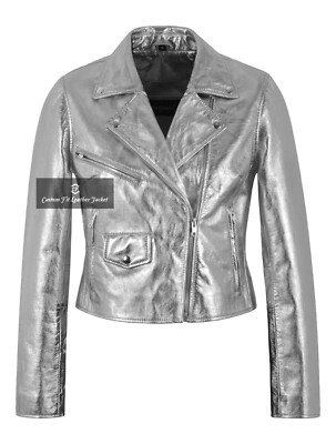 Damen Brando Metallic Folie Silber Slim Fit Biker Lederjacke Emma Watson