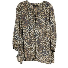 Fred David Leopard Lace Up Top Brown Long Sleeve Lightweight Womens Plus 4X