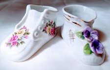 Two Vtg Porcelain Baby Shoes White with Different Floral Designs. M.  CT 2