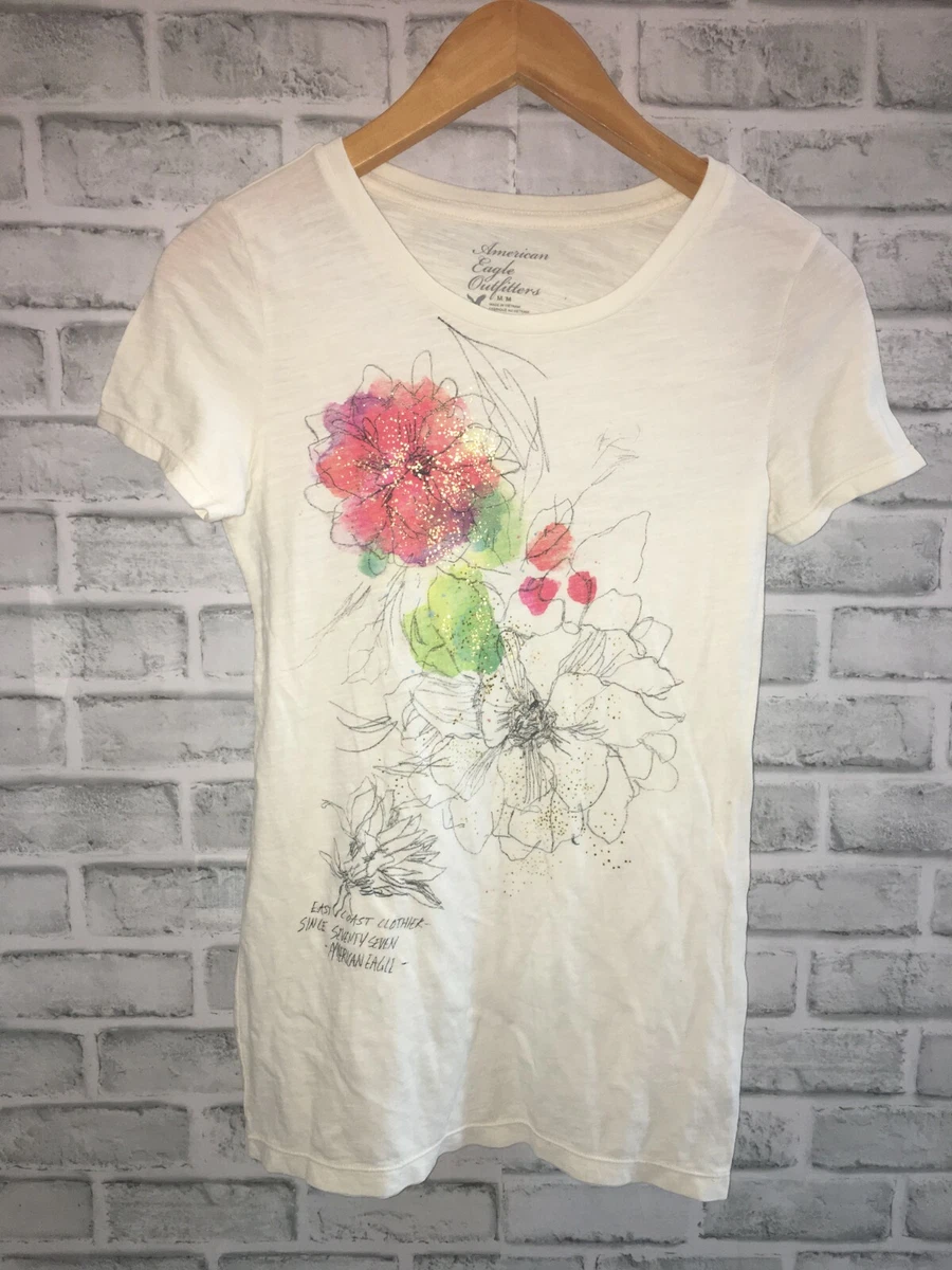 NWT AMERICAN EAGLE WOMENS M MEDIUM TEE SHIRT T TOP SHORT SLEEVE FLOWER DESIGN