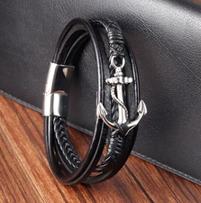 Men Stainless Steel Anchor Black Braided Genuine Leather Bracelet Wristband 8"