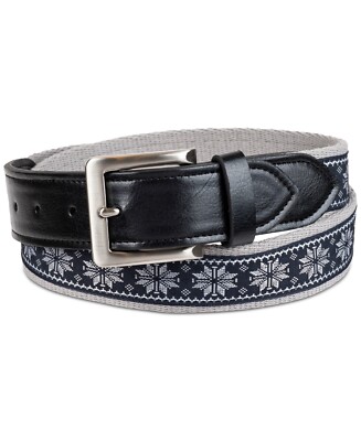 New Mens Club Room Black Faux Leather Holiday Snowflake Cheer Belt  L 38 - 40
