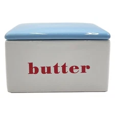 Ceramic Butter Box Red White & Blue - Vintage Butter Keeper Dish with Lid -...