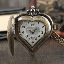 Vintage Style Heart Shape Unisex Quartz Analog Pocket Watch Full Hunter Chain