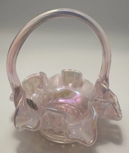 Fenton Champagne Pink Iridescent Art Glass Ruffle-Edged Mini Basket W/ Hobnail