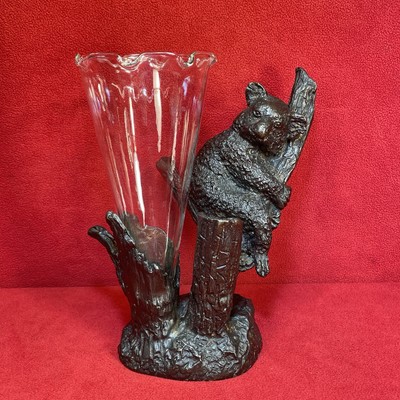 Vintage Bronze Koala Bear In Tree Sculpture W/ Clear Glass Tulip Shaped Bud Vase