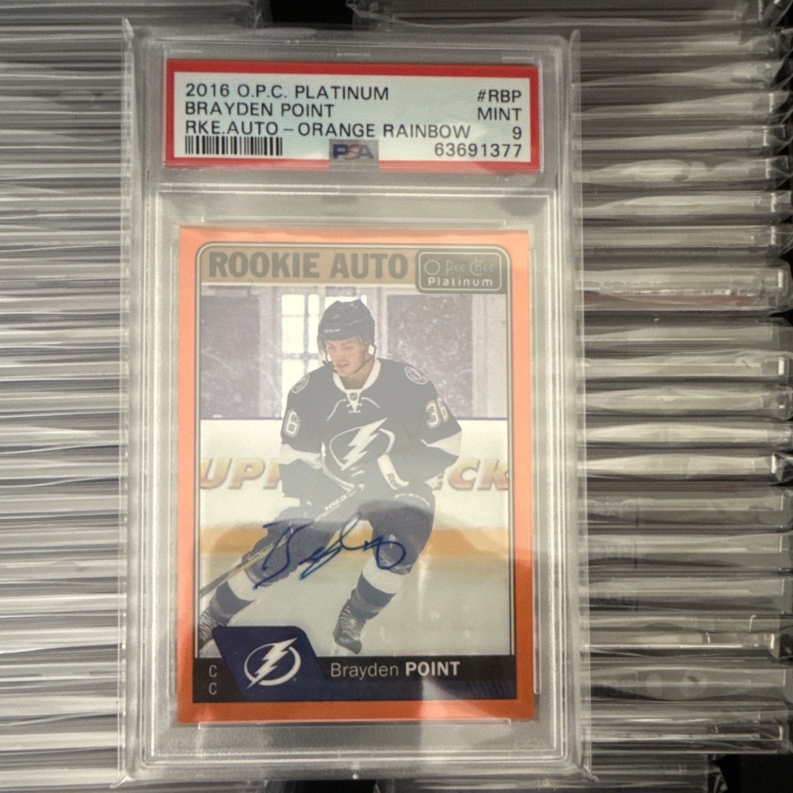Upper Deck 2016-17 O-Pee-Chee Platinum Brayden Point RC Auto Orange /15 PSA 9