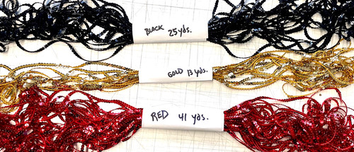 Lot 6mm Single Strand Slung String Sequins - Red 41 Yds, Gold 13 yd, Black 25 yd