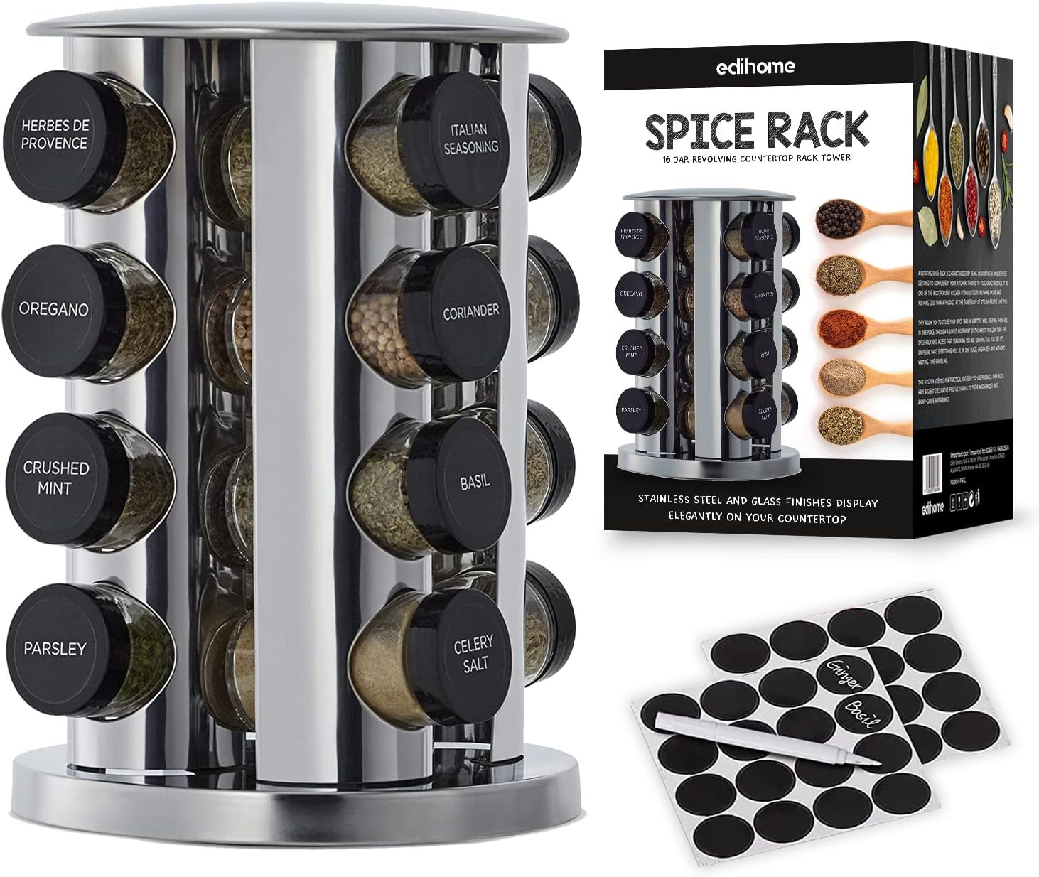 Carrousel à Épices 16 Pots Premium en Acier Inoxydable Inox et Verre