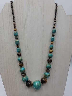 Artisan Made Necklace Composite Turquoise Tiger Eye Beads Genuine Stone Macrame