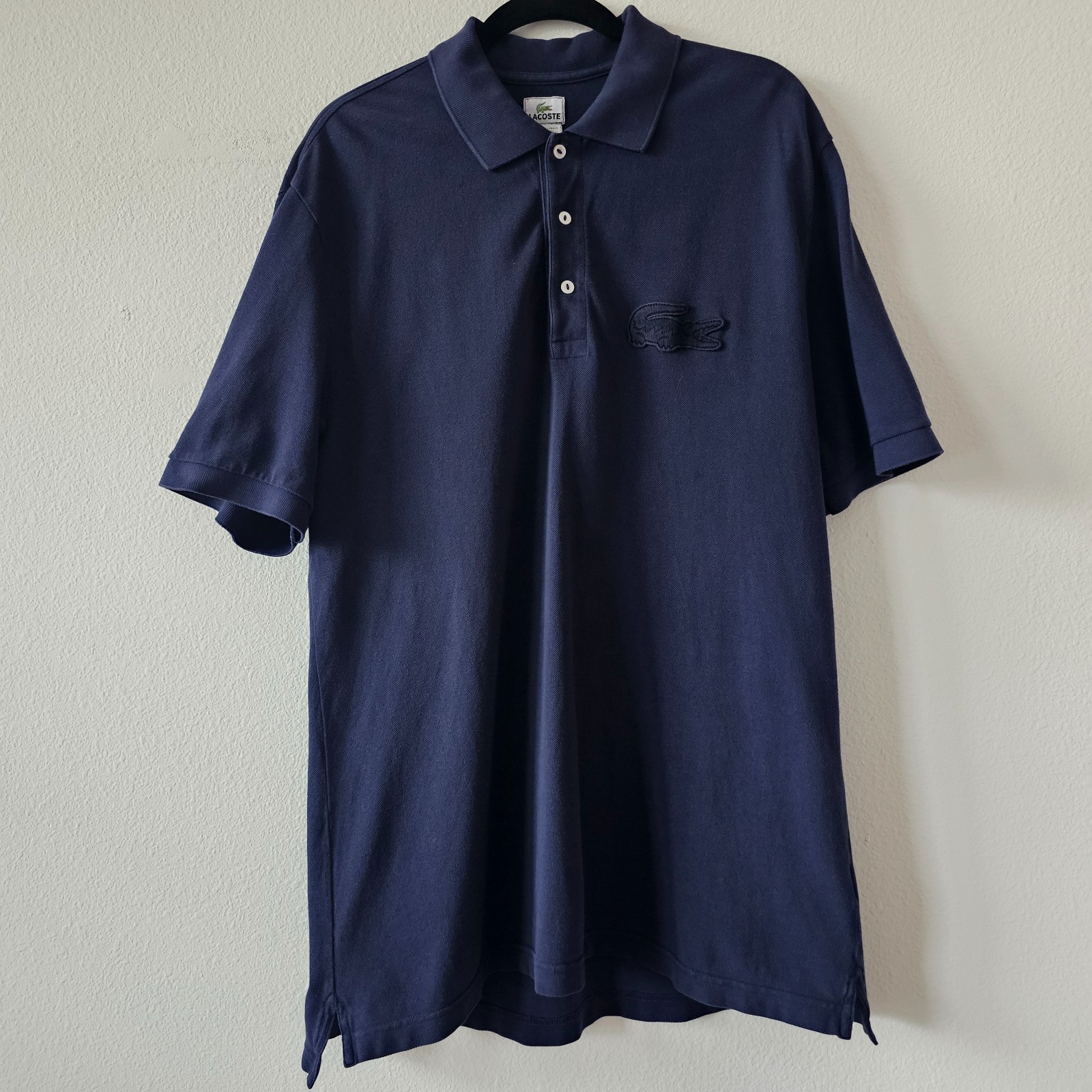 LACOSTE Polo Shirt Mens Sz 7 Navy Blue Large Croc Logo Short Sleeve Cotton