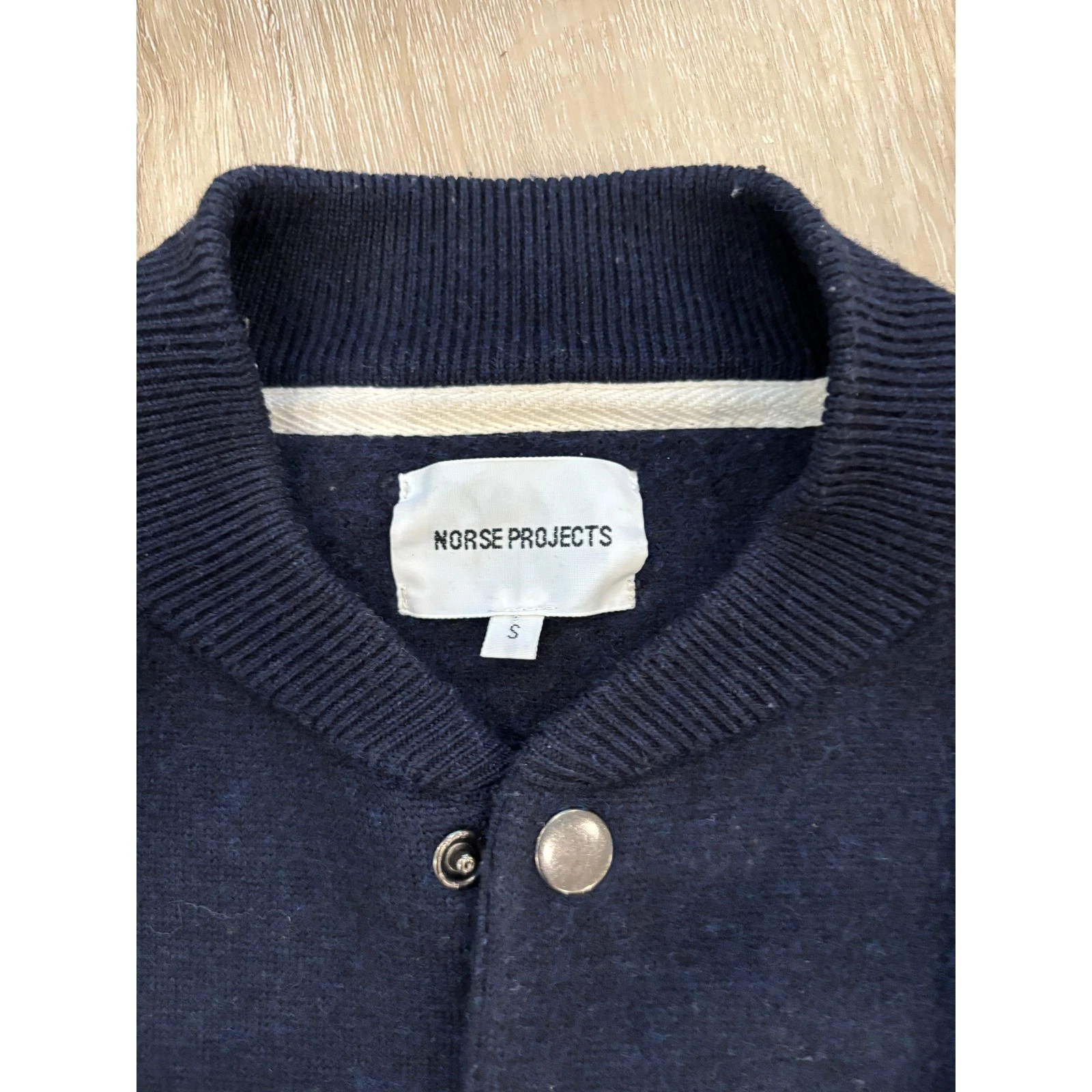 Norse Projects Mens Navy Blue Wool Knit Bomber Jacket Snap Front Small - product detail image 3