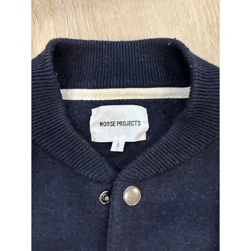 Norse Projects Mens Navy Blue Wool Knit Bomber Jacket Snap Front Small image 3
