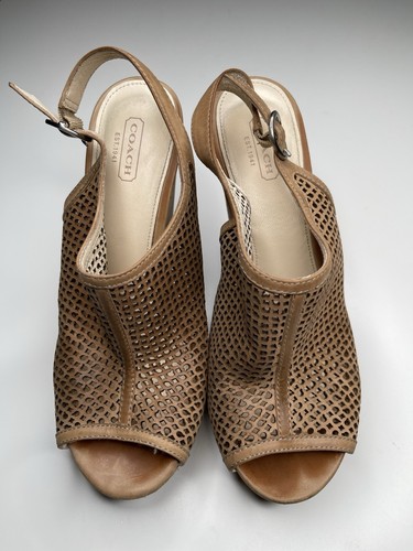 Sandali con zeppa Coach Jaklyn - taglia 9B - pelle marrone taglio punta aperta slingback - Foto 2 di 5