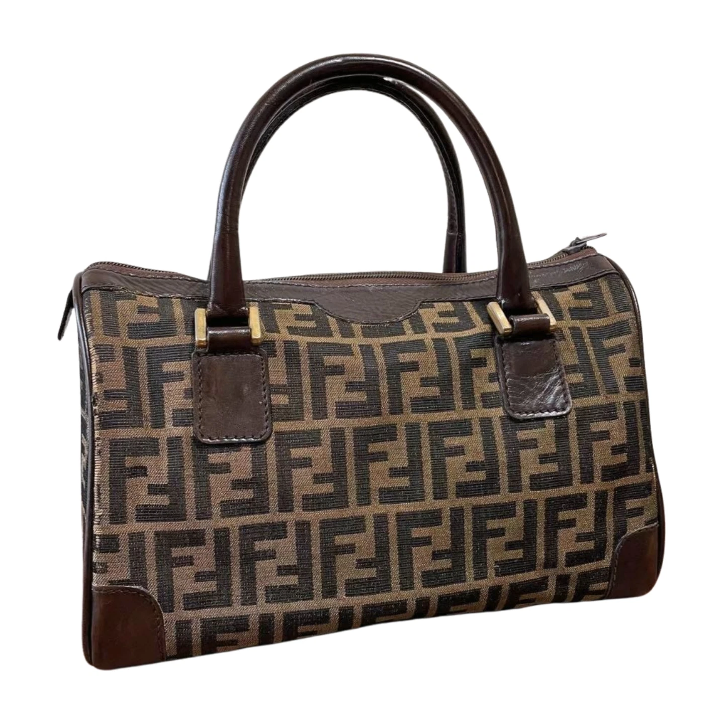 Borsa vintage FENDI Zucca monogramma mini Boston tela pelle borsetta marrone