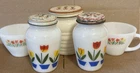 Vintage Fire King Tulip Salt Pepper Shakers & Grease Jar & 2 Coffee Mugs FREE SH
