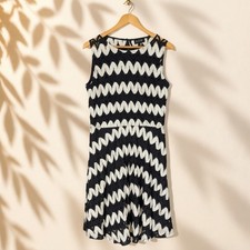 AUW Dress Women L Large Black Striped Shift Midi Sleeveless Lined Hook & Eye