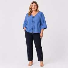 Adrianna Papell Blue V-Neck Tie Front Woven T...