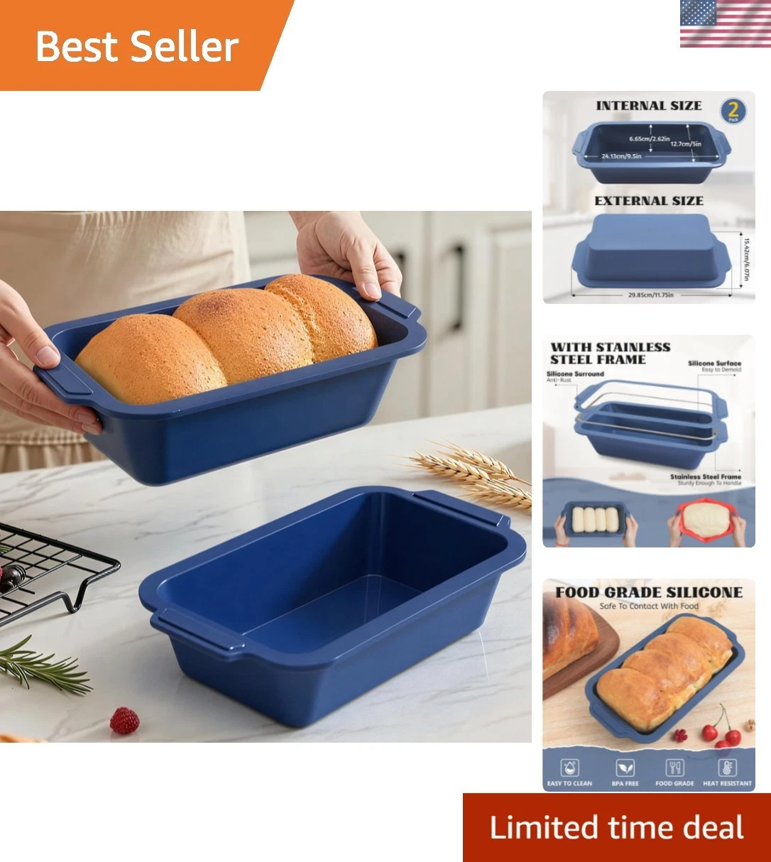 9.5 Inch x 5 Inch Silicone Loaf Pan with Metal Frame - Ideal for All Bread Types