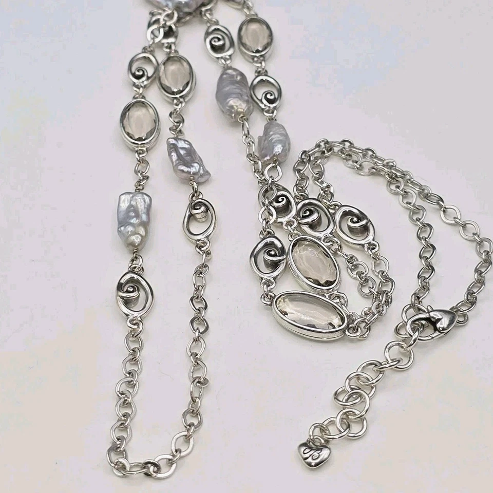 Brighton 7th Heaven Long Necklace Silver Tone Scrolls Clear Crystals Pearls 42” - Image 2 of 4