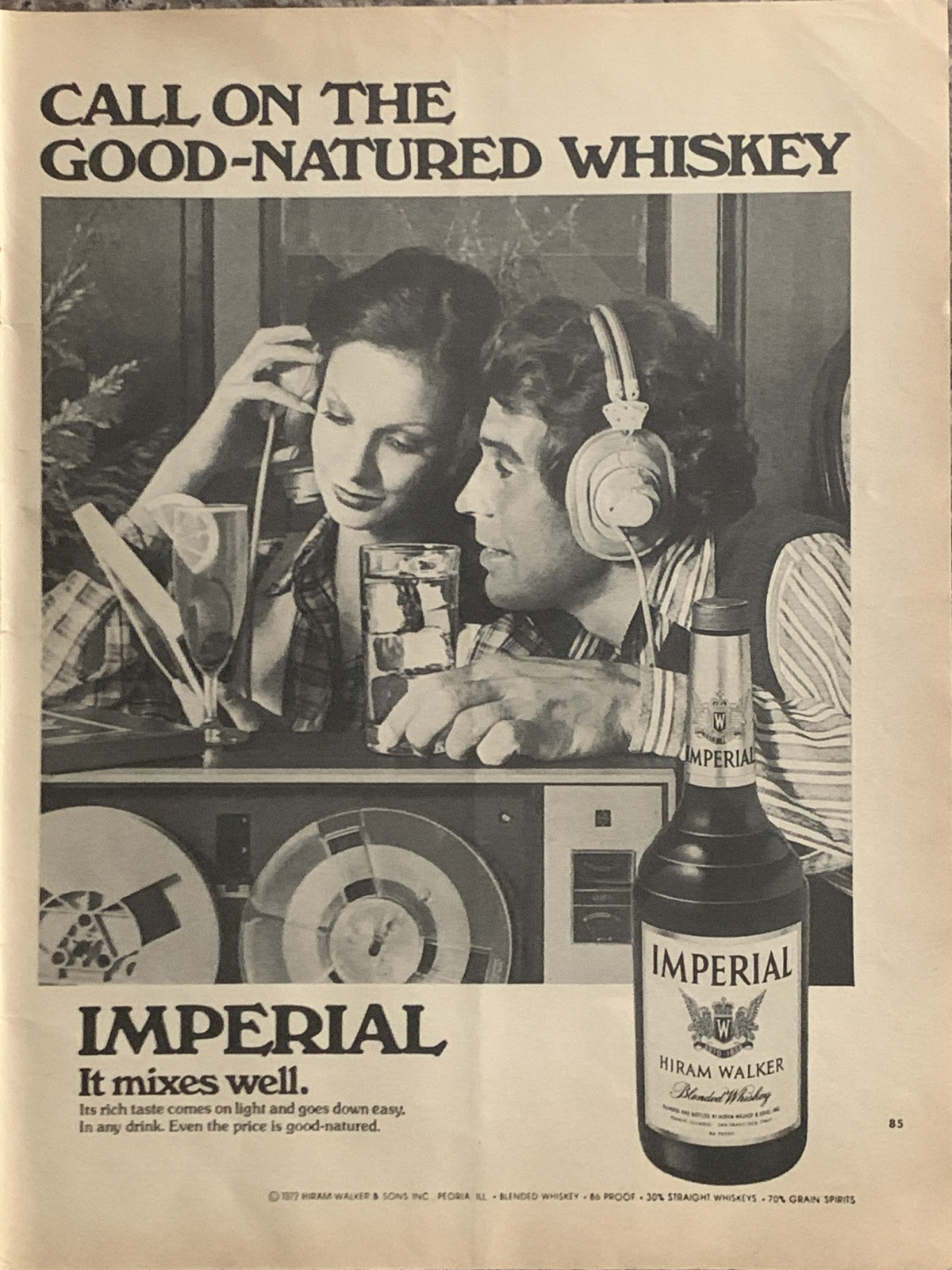 1972 Hiram Walker Imperial Whiskey PRINT AD Listen Records Good Natured VTG 70s