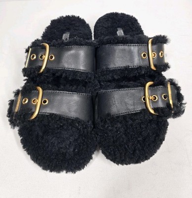 FitFlop GEN-FF Shearling Two-Bar Slides Sz 7 Black Leather Gold Buckles Curly