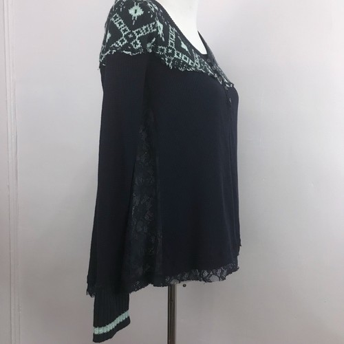 Free People Thermal Top Knit Lace Tee Womens Blue Cabin in the Woods Small NWT - Picture 4 of 11