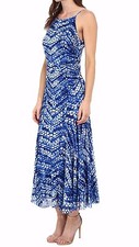 Nine West Blue Bright Surf Tonal Abstract Print Halter Stretch Maxi Dress - $98