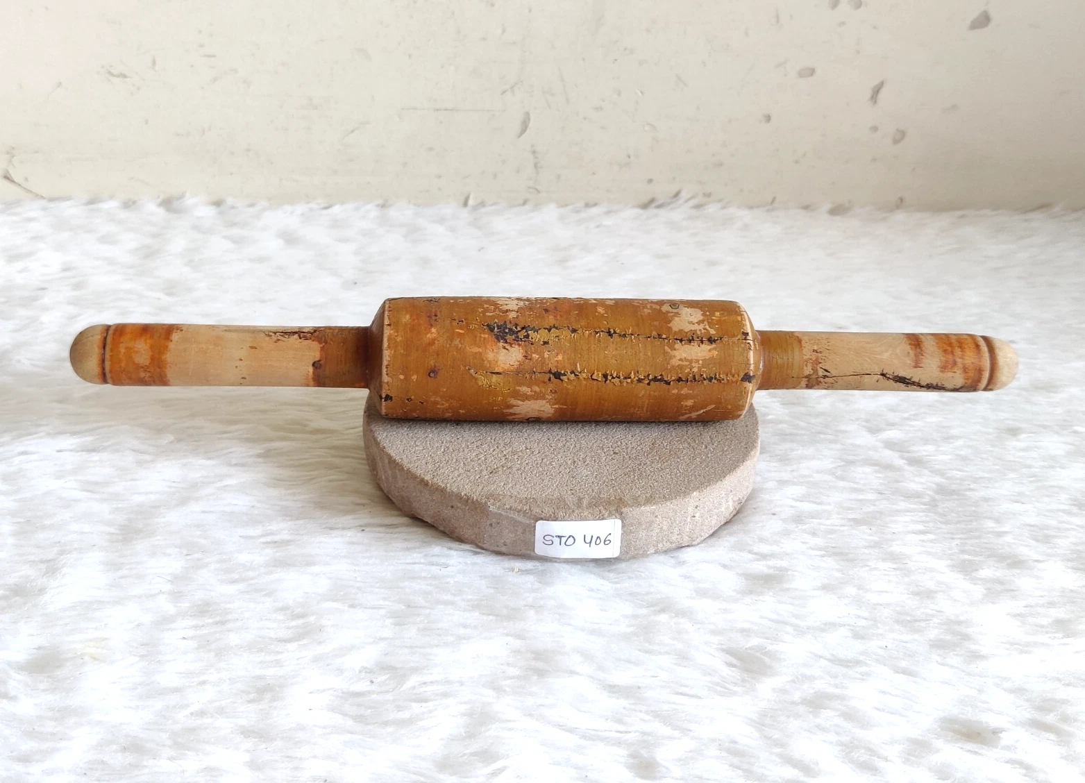Vintage Handmade Indian Rolling Pin & Stone Board Traditional Baking Tool STO406