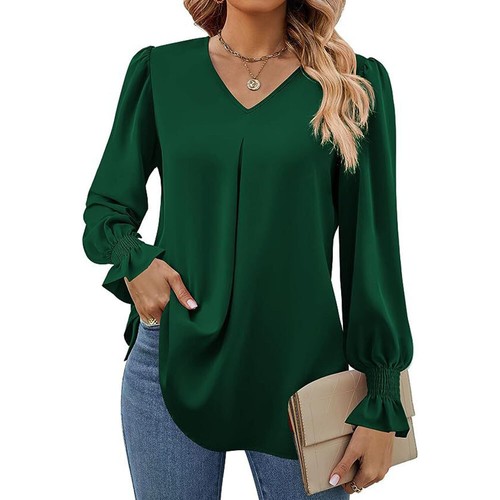 Women V-Neck T Shirt Blouse Long Sleeve Plain Loose Pullover Tops Fashion Casual - Bild 20 von 24