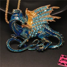 New Fashion Women Blue Rhinestone Magic Dragon Crystal Pendant Chain Necklace 