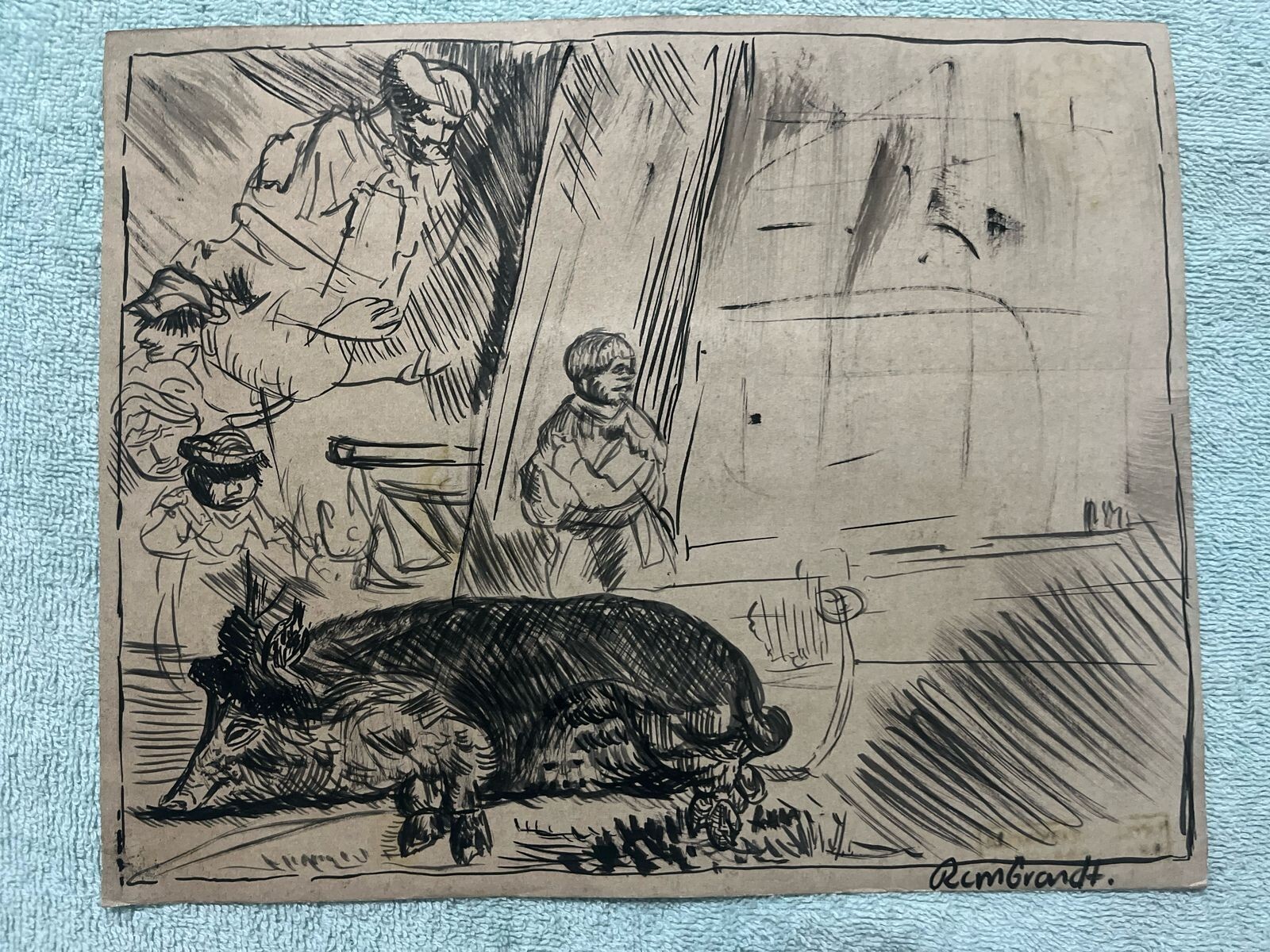 REMBRANDT drawing and painting on old paper signed stamped vintage