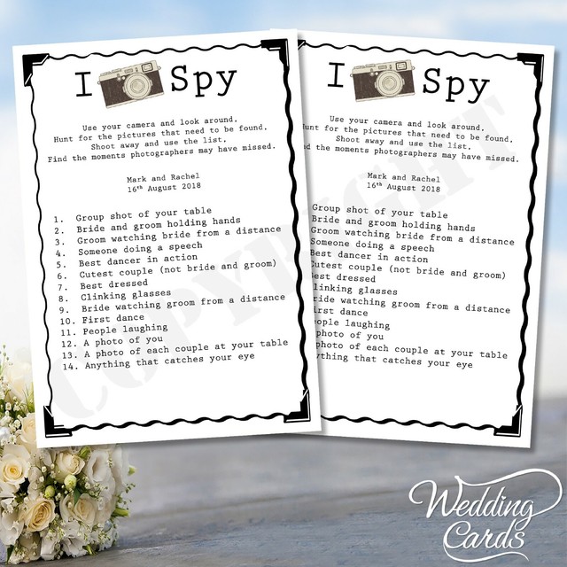 Details about / 2 x Wedding I Spy Game Photo challenge Kid Little eye Personalised Picture Cards