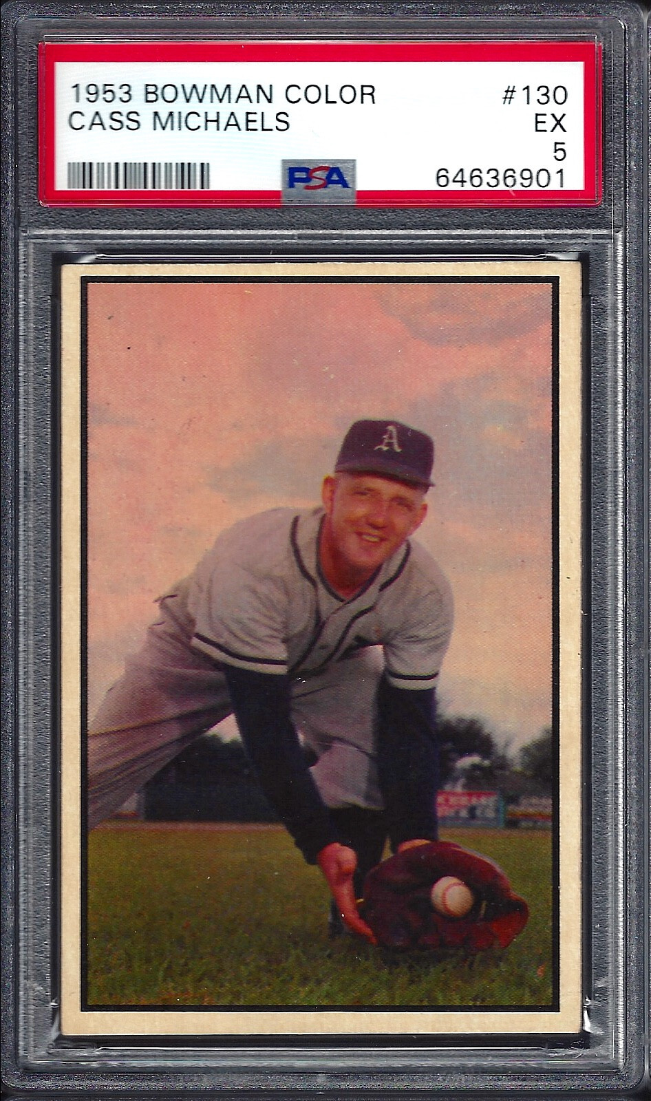 1953 BOWMAN COLOR HIGH NUMBER #130 CASS MICHAELS PHILADEPHIA ATHLETICS -PSA EX 5
