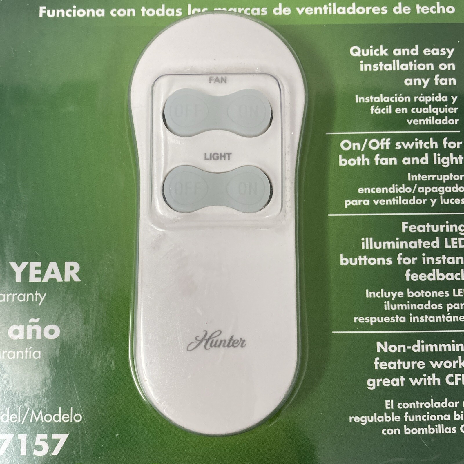 Hunter Wireless Universal Ceiling Fan Light Switch Remote Control 27157