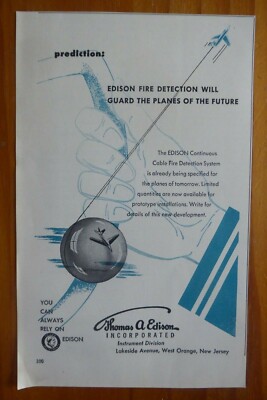 3/1954 PUB THOMAS EDISON FLUGZEUG FEUERMELDESYSTEM ORIGINAL ANZEIGE