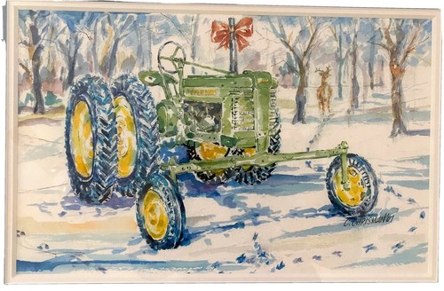 John Deere Tractor Winter Scene Watercolor Print By C. Christman - Picture 2 of 3