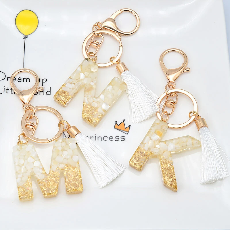 A-Z Tassel Letters Keychains Stone Pattern Purple Initial Resin Key Chains  Cute Car Keyring Charm Bag Accessories Jewelry Gifts