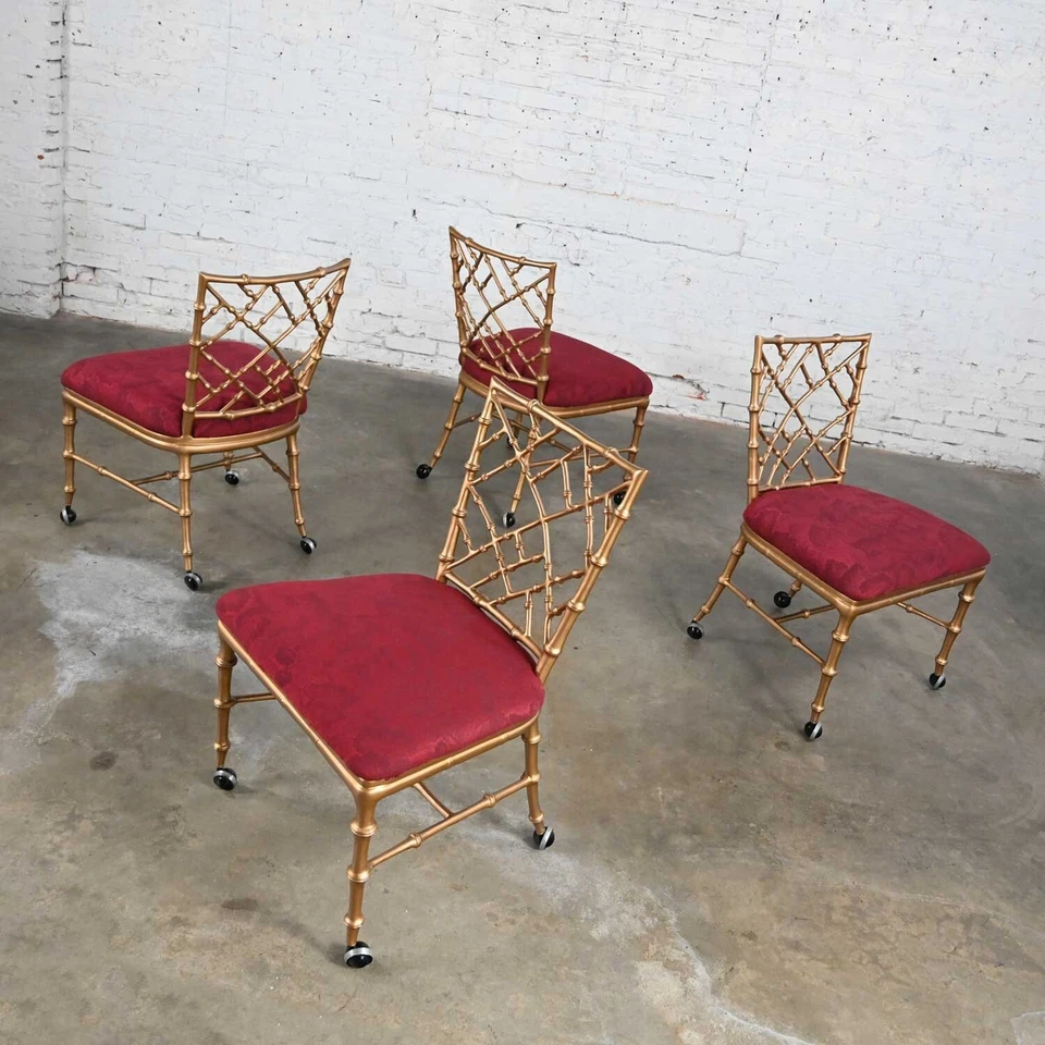 Chinoiserie Faux Bamboo Gold Painted Metal Chairs Rolling Style Phyllis Morris - Image 2 of 4