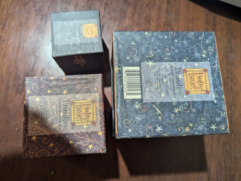 Bob's Boxes 3~Primitive Stackable Nesting Boxes Lang Paper Winter and Nativity - Image 2 of 4