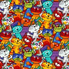 Feline Drive Fabric CRAYON PARTY Stacked Cats Bright - Fat Quarter (18"x22") FQ