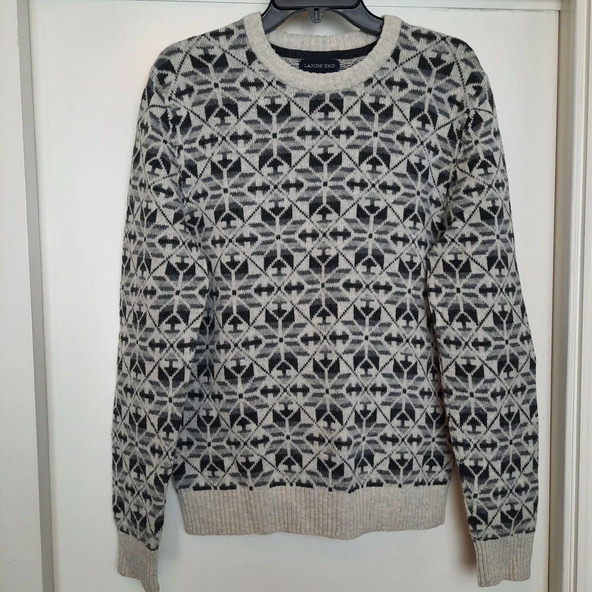 Lands End Vintage Men s Nordic Fair Isle 100 Lambs Wool Black Gray Sweater M