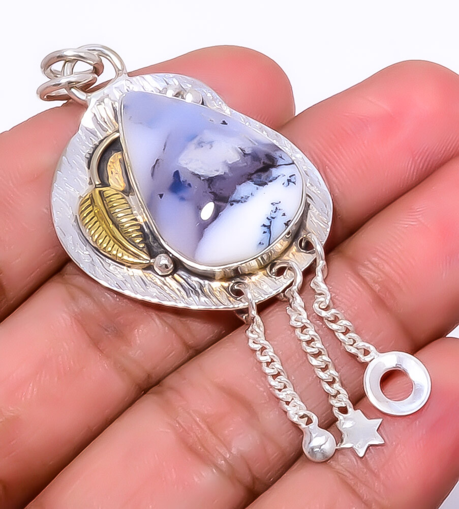 Dendritic Opal Gemstone 925 Sterling Silver Two Tone Textured Pendant 2.34