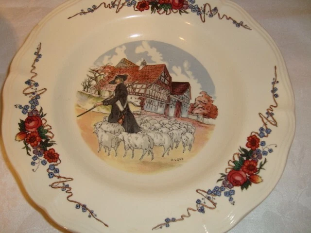 Пара французских обеденных тарелок Obernai Sarreguemines 9 дюймов эльзасский декор - Изображение 3 из 4