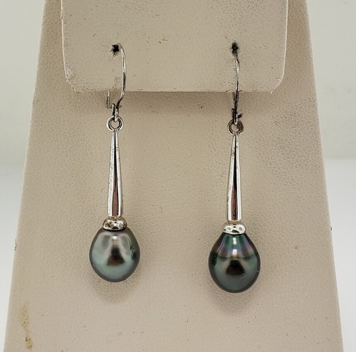 9-10MM Tahitian Black Pearl Rhodium 925 Sterling Silver Dangle Earrings - Picture 7 of 9