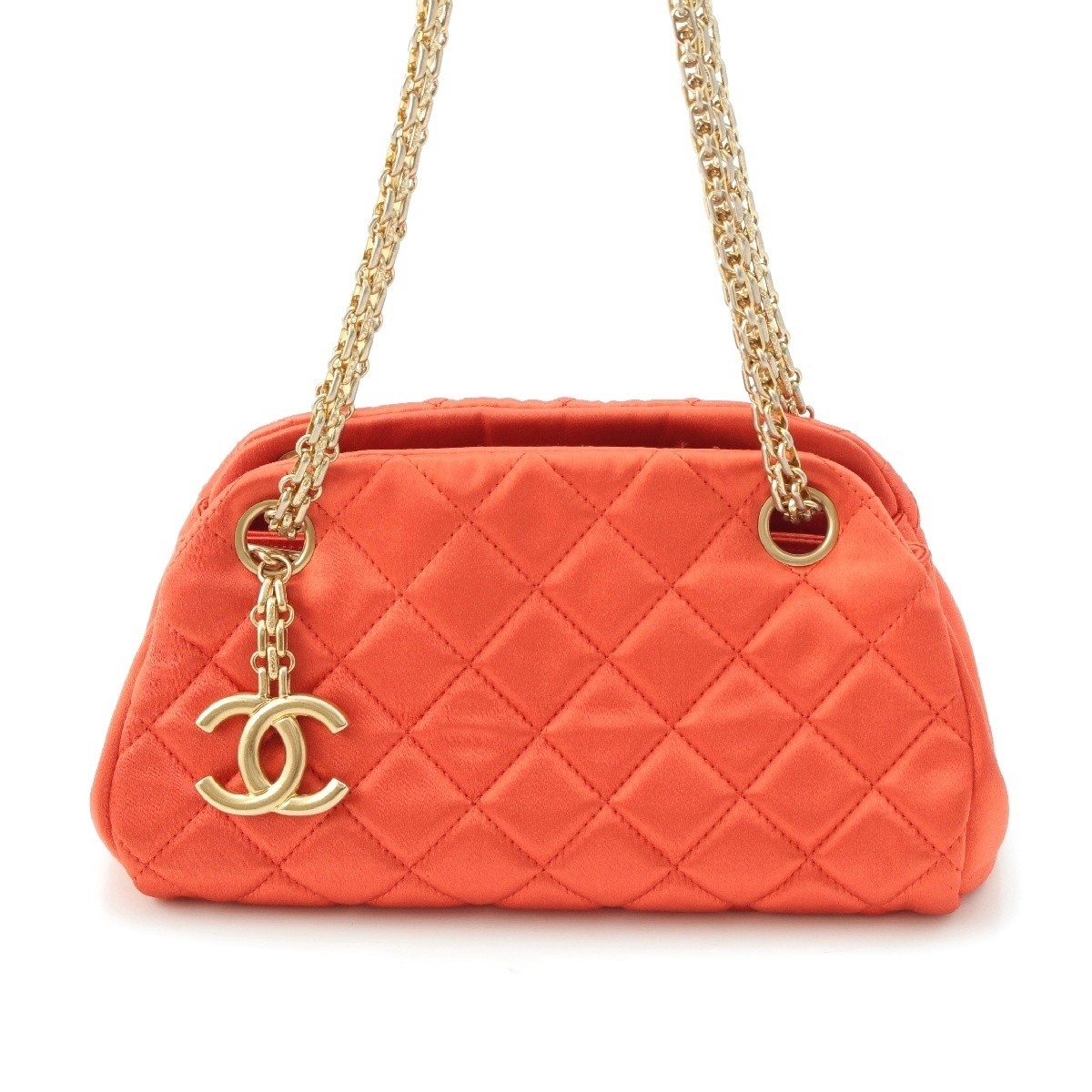 CHANEL Mini Coco Mark Bowling Bag in Orange Satin with Chain Strap