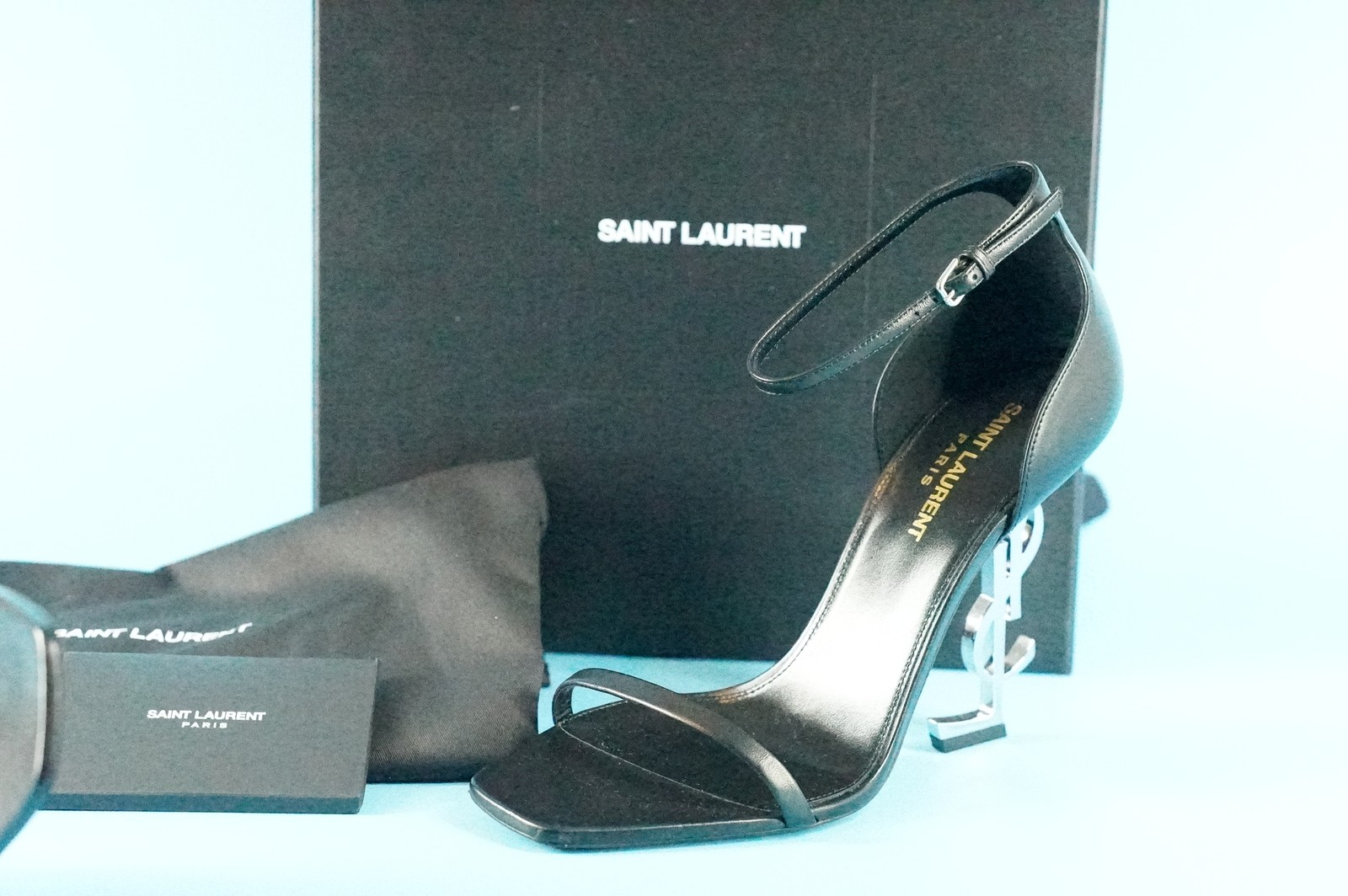 Sandalo Saint Laurent Opyum nero pelle argento tacco YSL cinturino alla caviglia TG 39 $1295