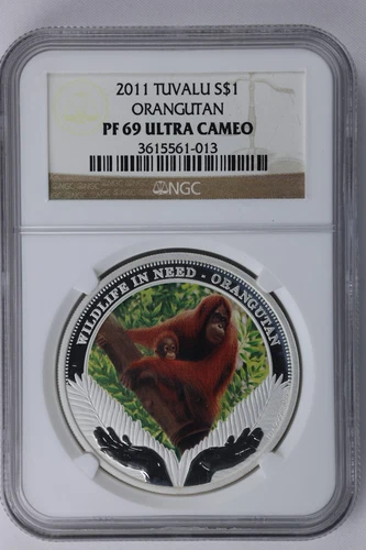 Tuvalu 2011 1oz Pure Silver Dollar Coin Orangutan NGC PF 69 Ultra Cameo