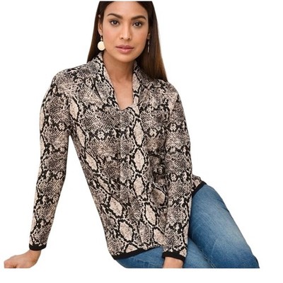 Chicos Sweater 2 / US L Python Snake Print Detachable Scarf Gold Black Shimmer