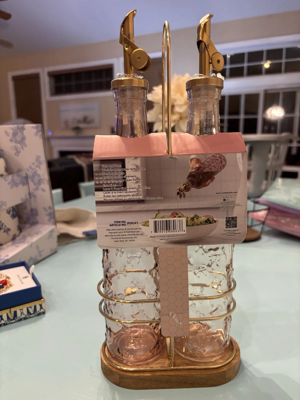 Glass Oil Vinegar Dispenser Set Gold Pourer Rack Kitchen Decor 2pc Bows On Glass